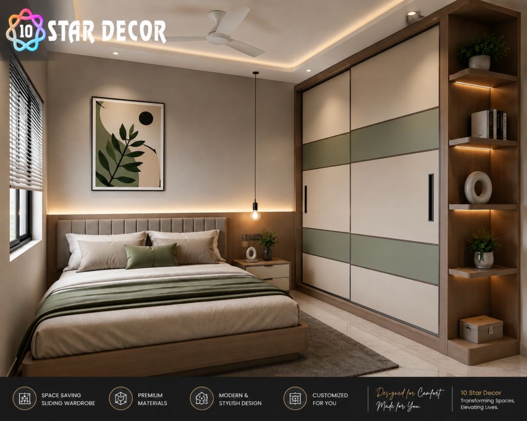 Modern small bedroom with sliding wardrobe design by 10 Stardecor