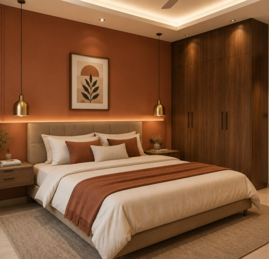 Warm earthy bedroom design Faridabad