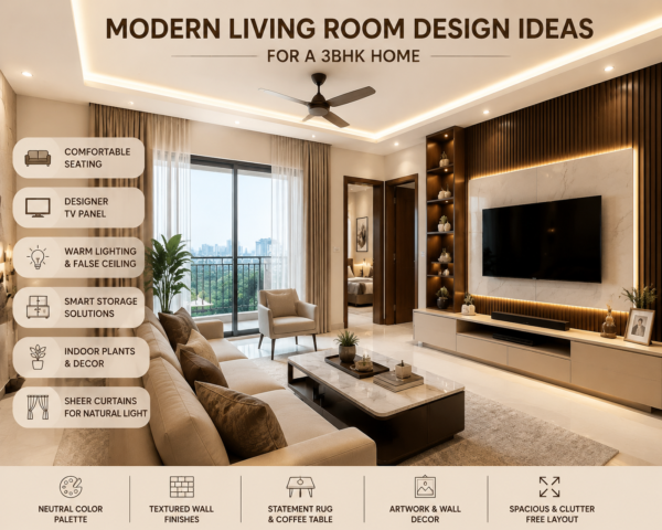 Modern living room design for 3BHK home