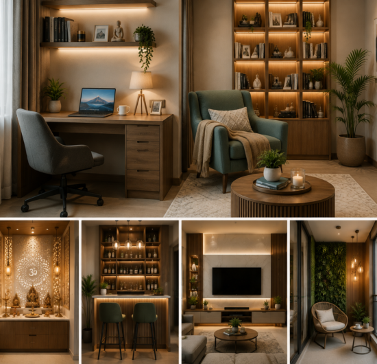 Customised home interior spaces including home office, reading corner, pooja unit, home bar and balcony design in a modern Faridabad apartment